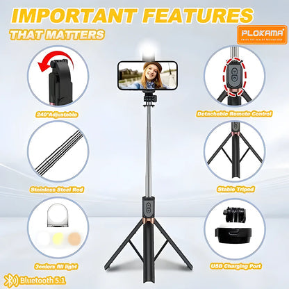 Selfie Stick 4-in-1 R1S Wireless Bluetooth Tripod with LED Light &amp; Remote